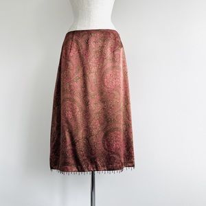 LOFT Ann Taylor Brown Pink Gold Paisley Beaded Fringe Silk Midi Skirt Size 6